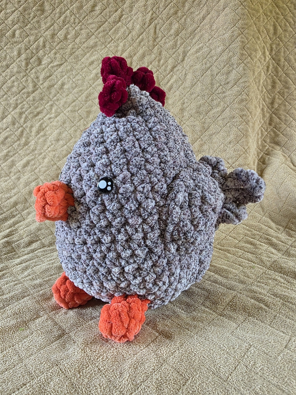 Plush Crochet Chicken - Gray with Orange Feet and Beak, Deep Red Comb Handmade